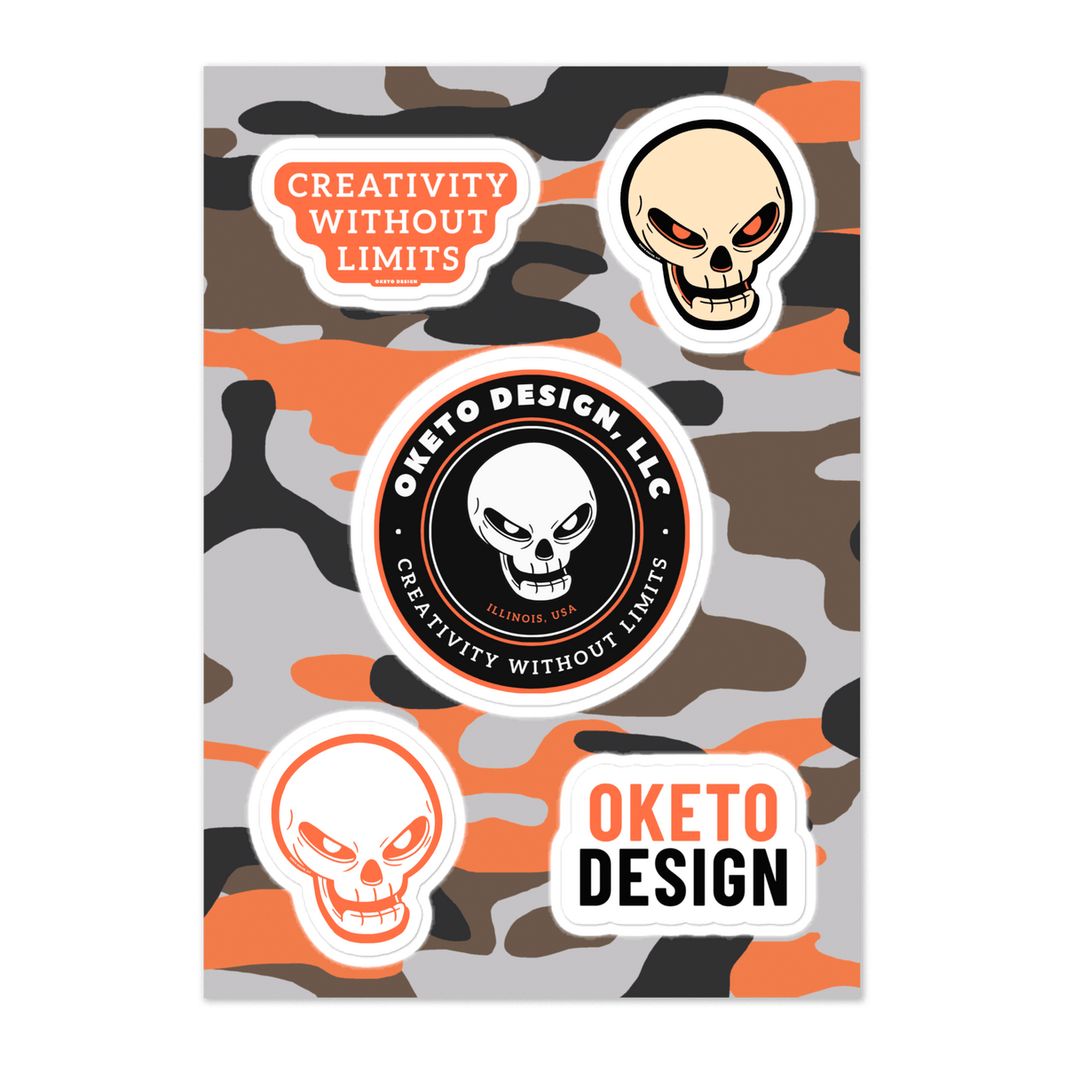 A set of four die-cut stickers featuring skull and text graphics on a camouflage background. The stickers include designs stating 'Creativity Without Limits' and 'Oketo Design, LLC' with white, orange, and black color schemes