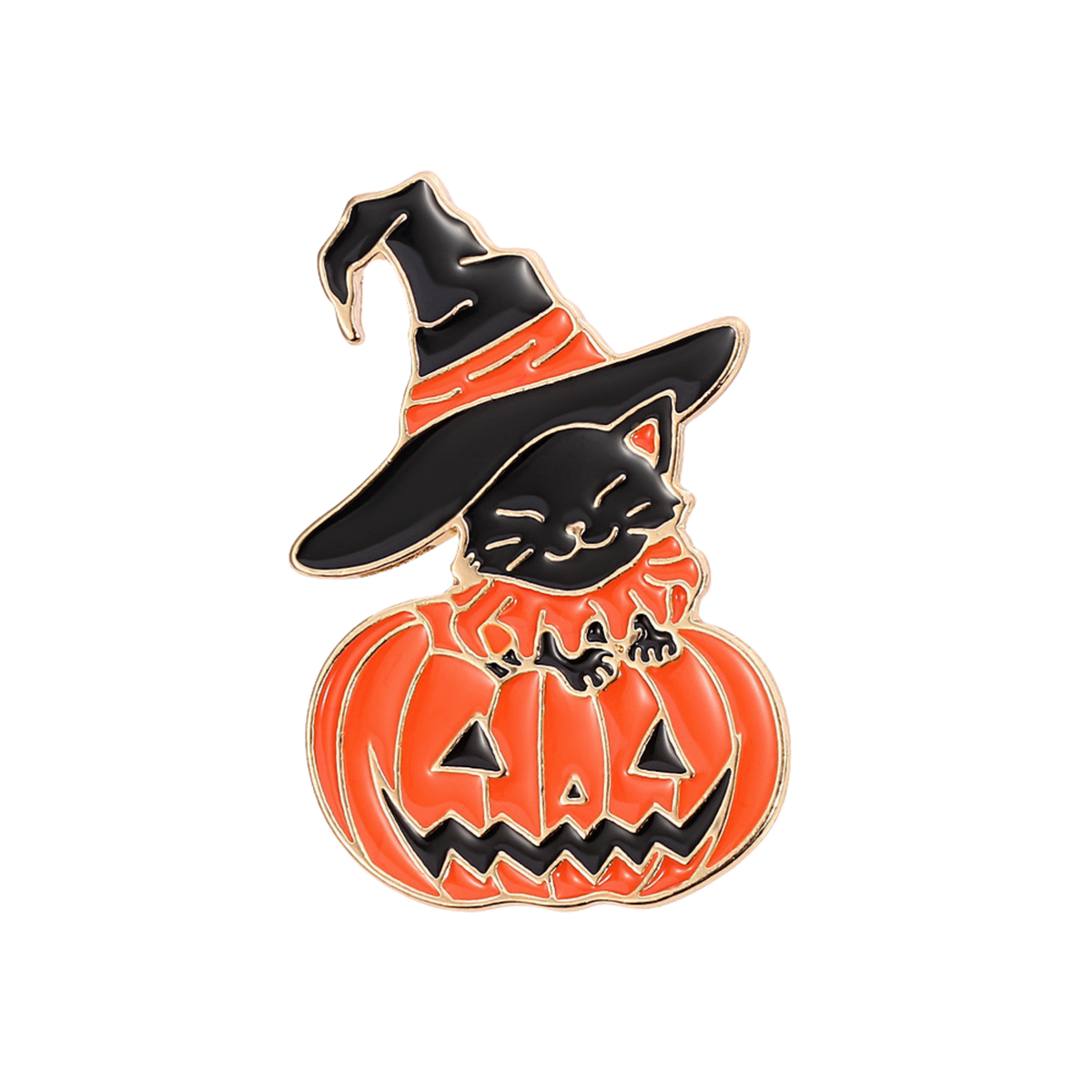 Halloween-themed pin with a black cat in a witch hat on a pumpkin