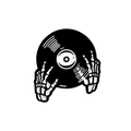 A vinyl record pin featuring skeleton hands holding a black record, set against a solid white background