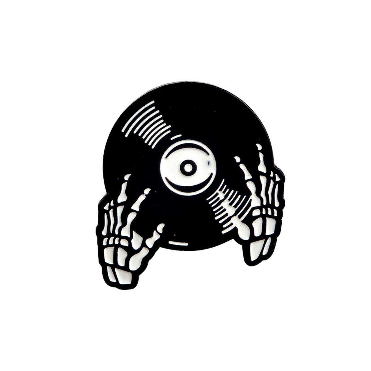 A vinyl record pin featuring skeleton hands holding a black record, set against a solid white background