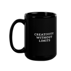 A glossy black ceramic mug with the phrase 'CREATIVITY WITHOUT LIMITS' printed in white capital letters on the front, set against a solid white background