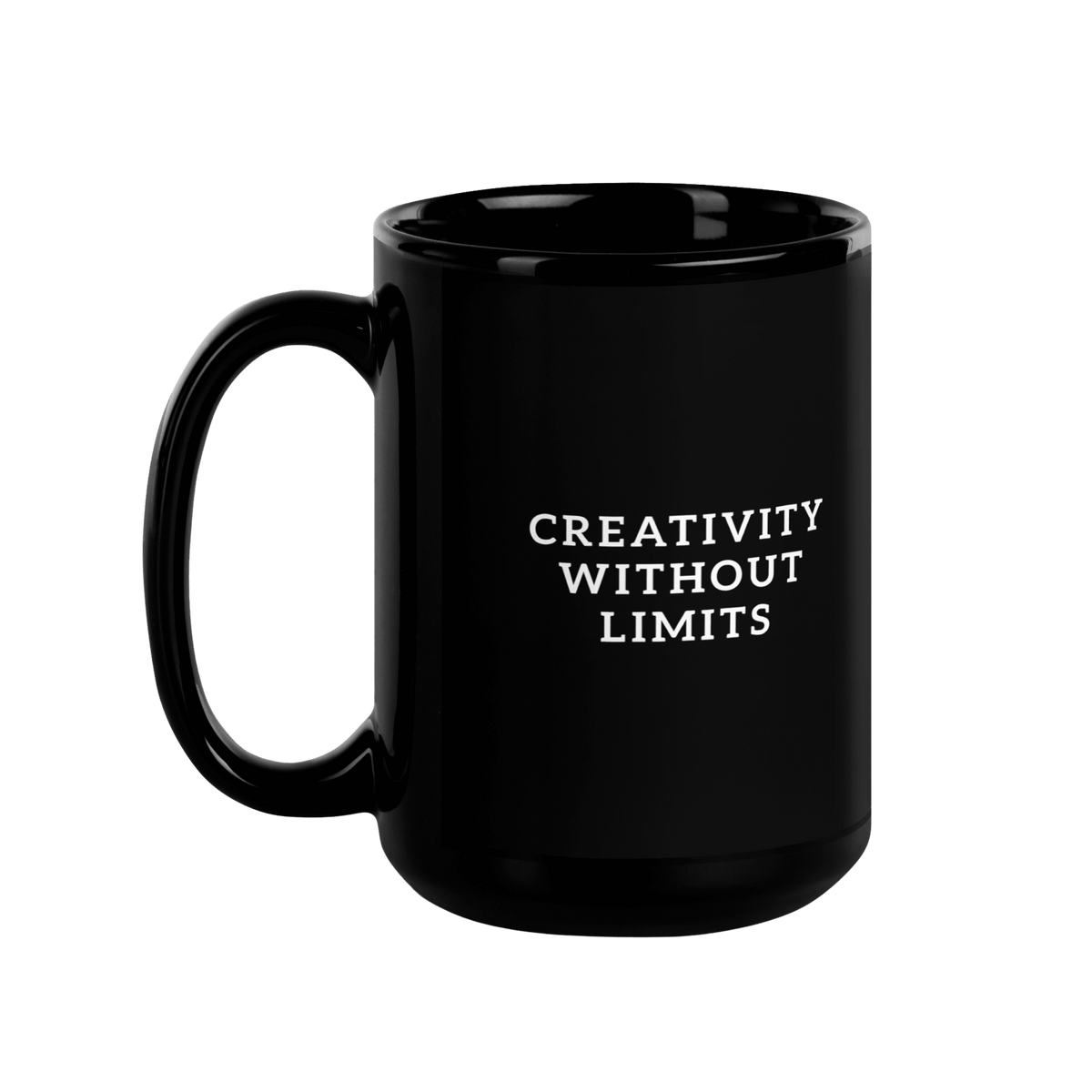 A glossy black ceramic mug with the phrase 'CREATIVITY WITHOUT LIMITS' printed in white capital letters on the front, set against a solid white background