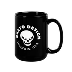 A glossy black ceramic mug with a white printed graphic featuring a skull and the text 'OKETO DESIGN' and 'ILLINOIS, USA', shown on a white background