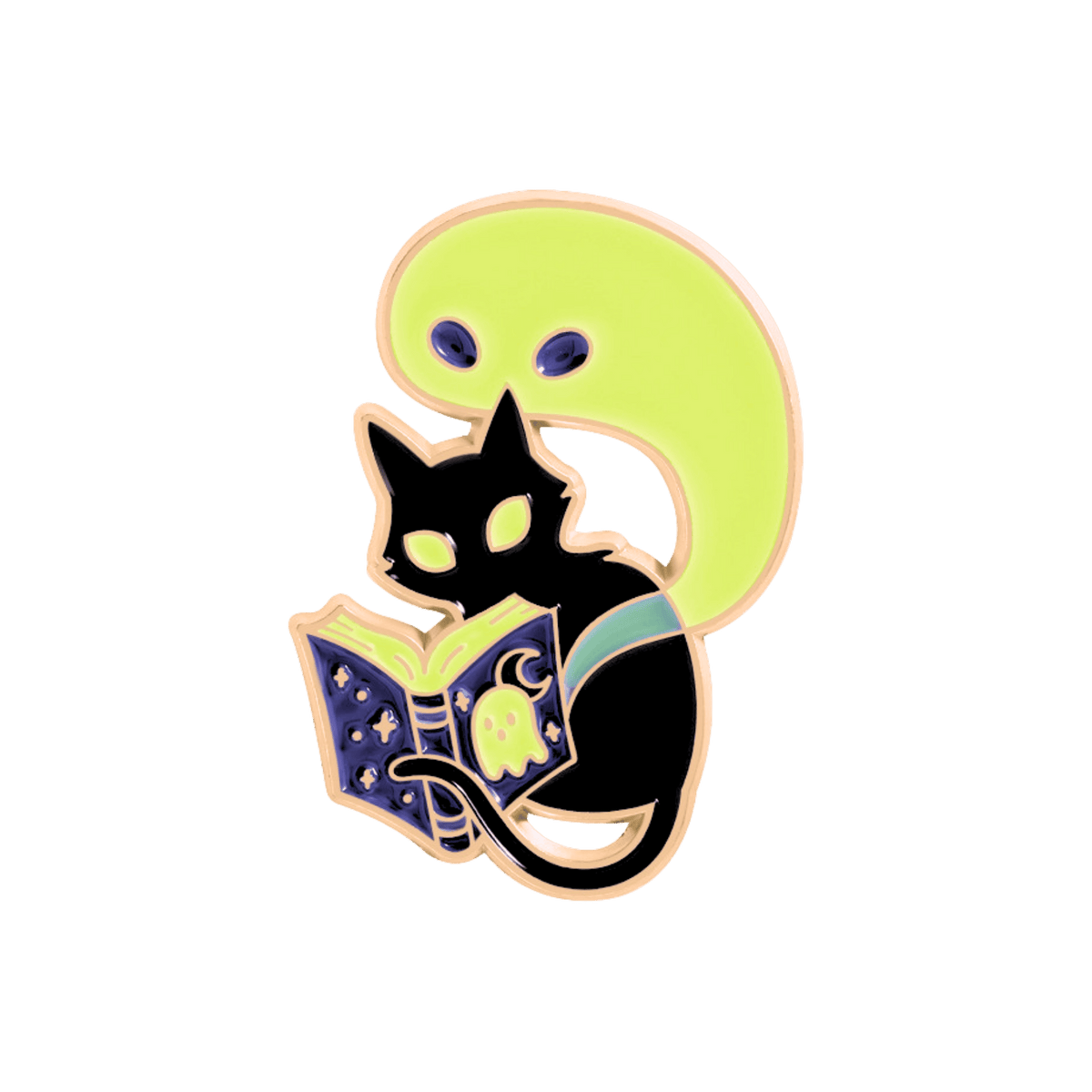 A stylized enamel pin featuring a black cat reading a glowing book on a white background