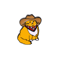 A small enamel pin depicting a cartoon orange cat wearing a brown cowboy hat and a red bandana with white patterns, centered on a white background