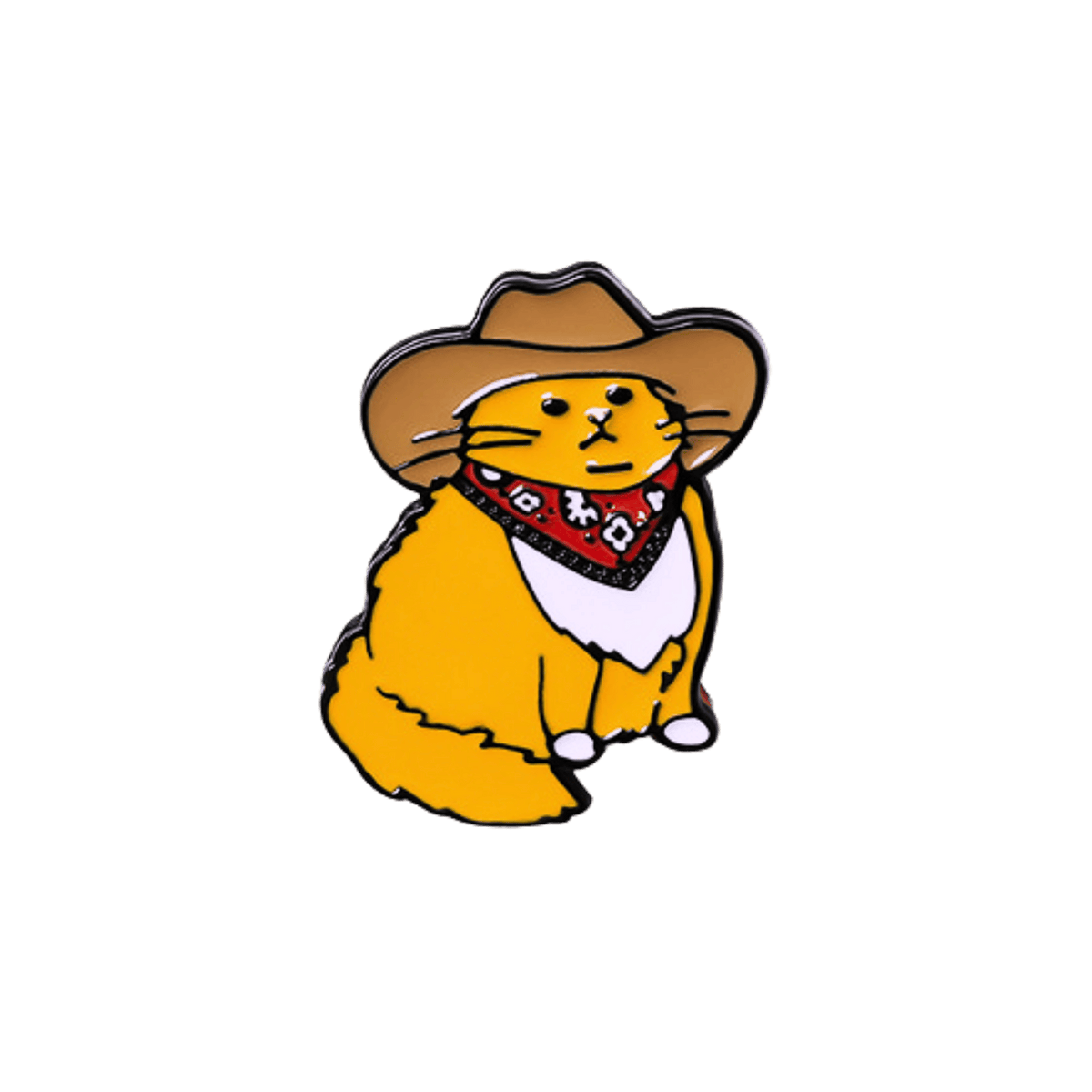 A small enamel pin depicting a cartoon orange cat wearing a brown cowboy hat and a red bandana with white patterns, centered on a white background