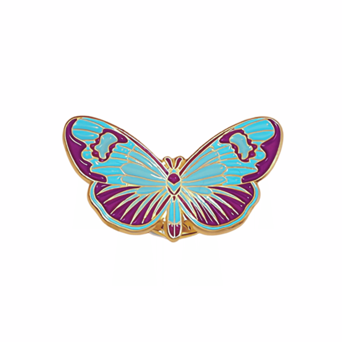 A blue butterfly enamel pin with purple and gold details on a plain white background