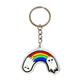 A clear acrylic keychain shaped like a rainbow with ghosts on both sides attached to a silver split key ring and short metal chain on a plain white background