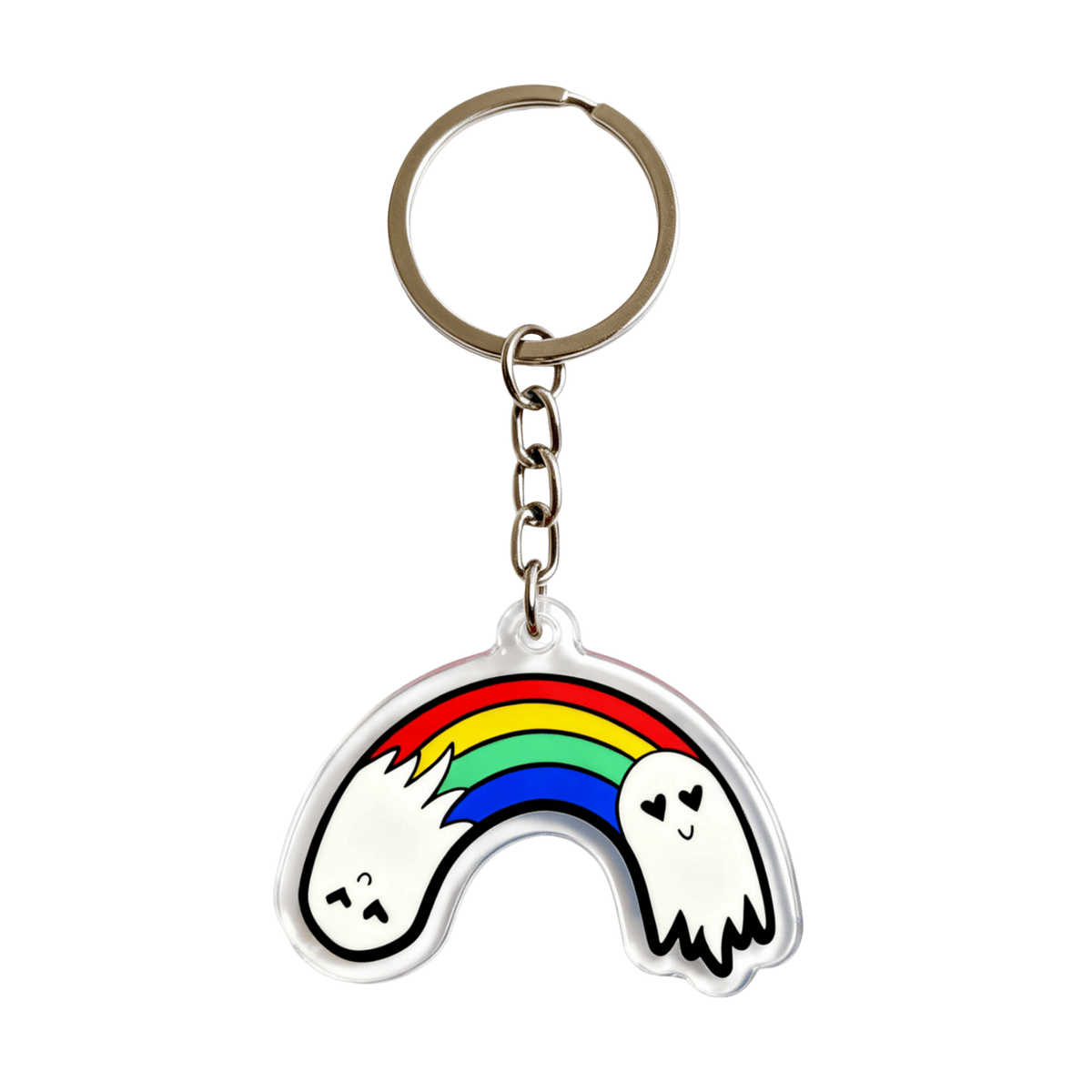 A clear acrylic keychain shaped like a rainbow with ghosts on both sides attached to a silver split key ring and short metal chain on a plain white background