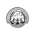 A circular black-and-white vintage-style pin featuring witches and birds on a solid white background