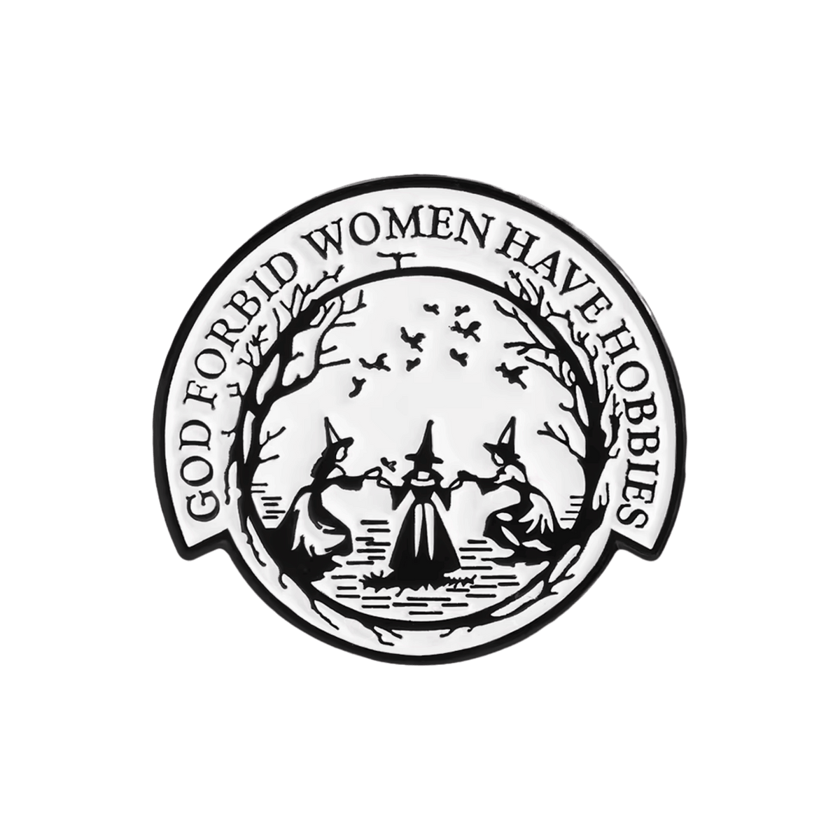 A circular black-and-white vintage-style pin featuring witches and birds on a solid white background