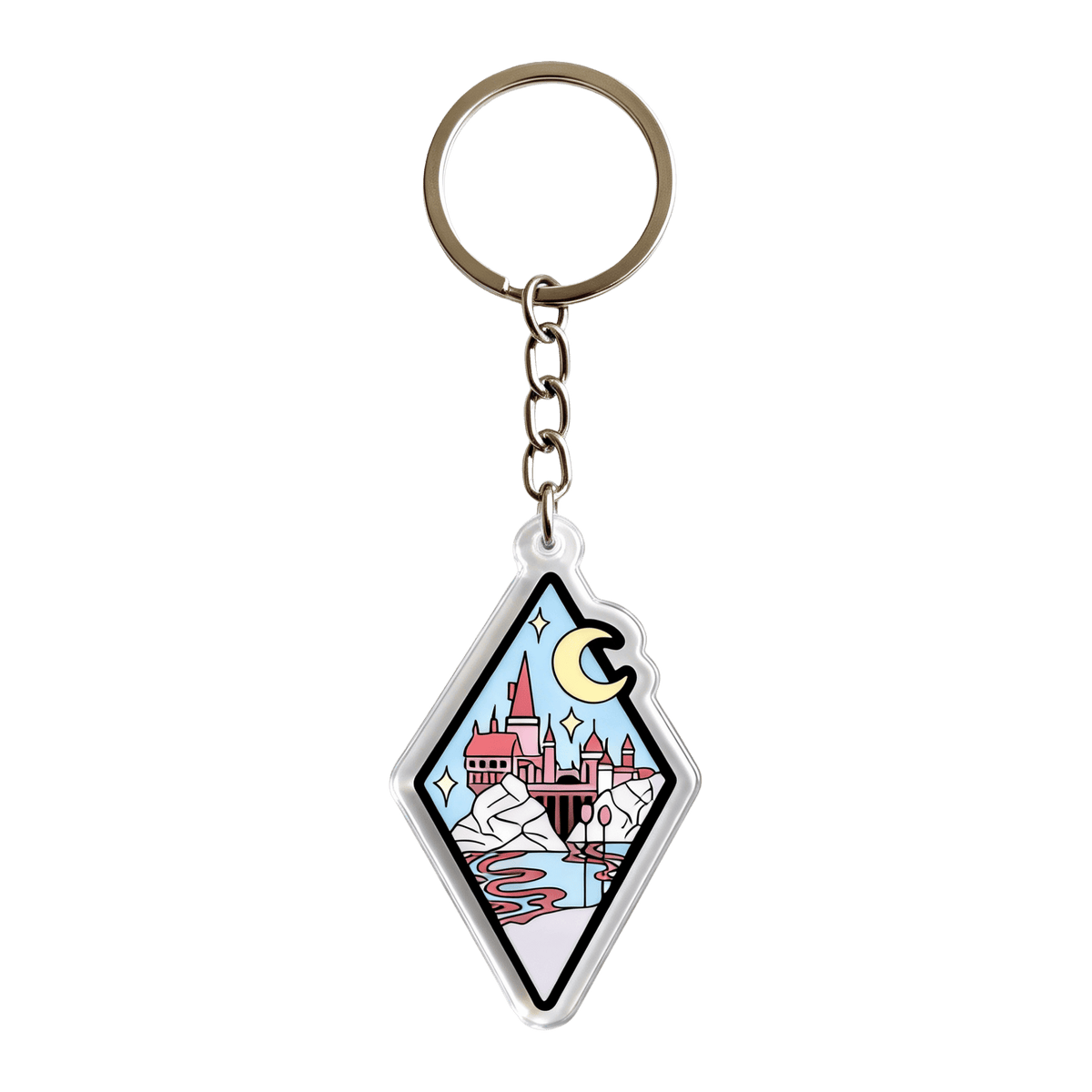 A diamond-shaped acrylic keychain featuring an illustrated castle scene with a crescent moon, stars, and a winding river, attached to a silver metal key ring and chain on a plain white background