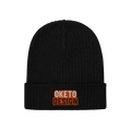Black beanie with white 'OKETO DESIGN' text with an orange outline