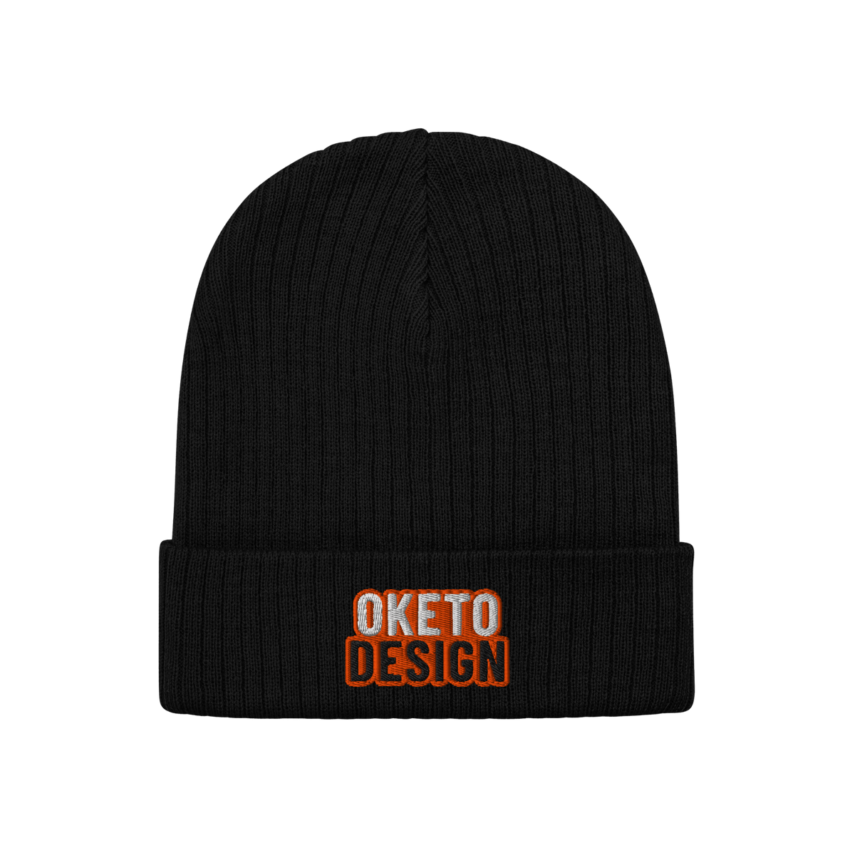Black beanie with white 'OKETO DESIGN' text with an orange outline