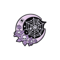A gothic-themed circular pin featuring a crescent moon with a white spiderweb and purple flowers, centered on a solid white background