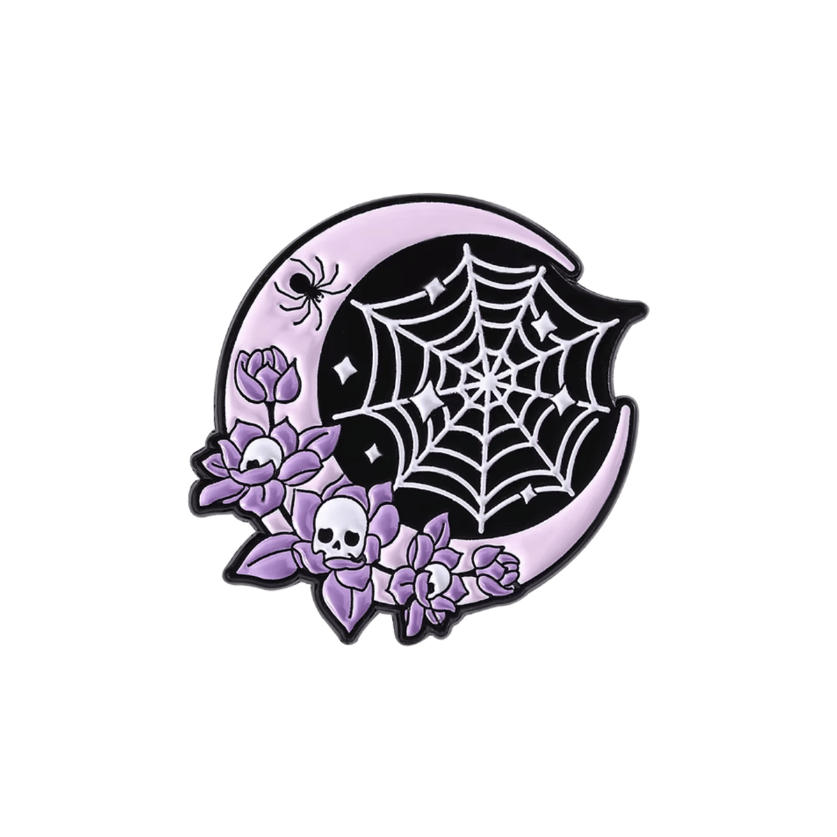 A gothic-themed circular pin featuring a crescent moon with a white spiderweb and purple flowers, centered on a solid white background