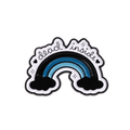 A gothic blue enamel pin shaped like a rainbow set against a solid white background