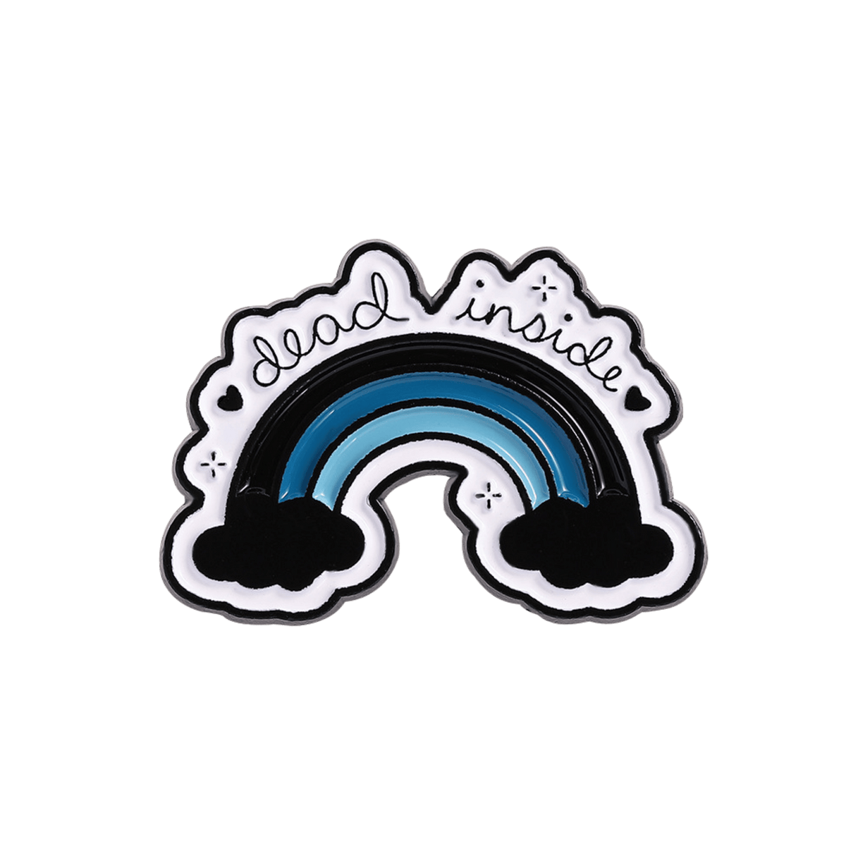 A gothic blue enamel pin shaped like a rainbow set against a solid white background