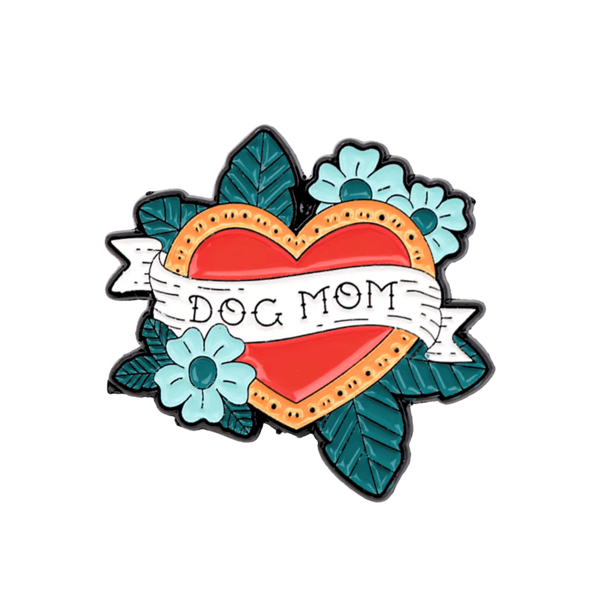 A traditional tattoo-style enamel pin featuring a red heart with a gold border, teal flowers, and teal leaves on a white background