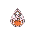 A Halloween-themed planchette enamel pin featuring an orange pumpkin, two white ghosts, and gold stars centered on a solid white backdrop