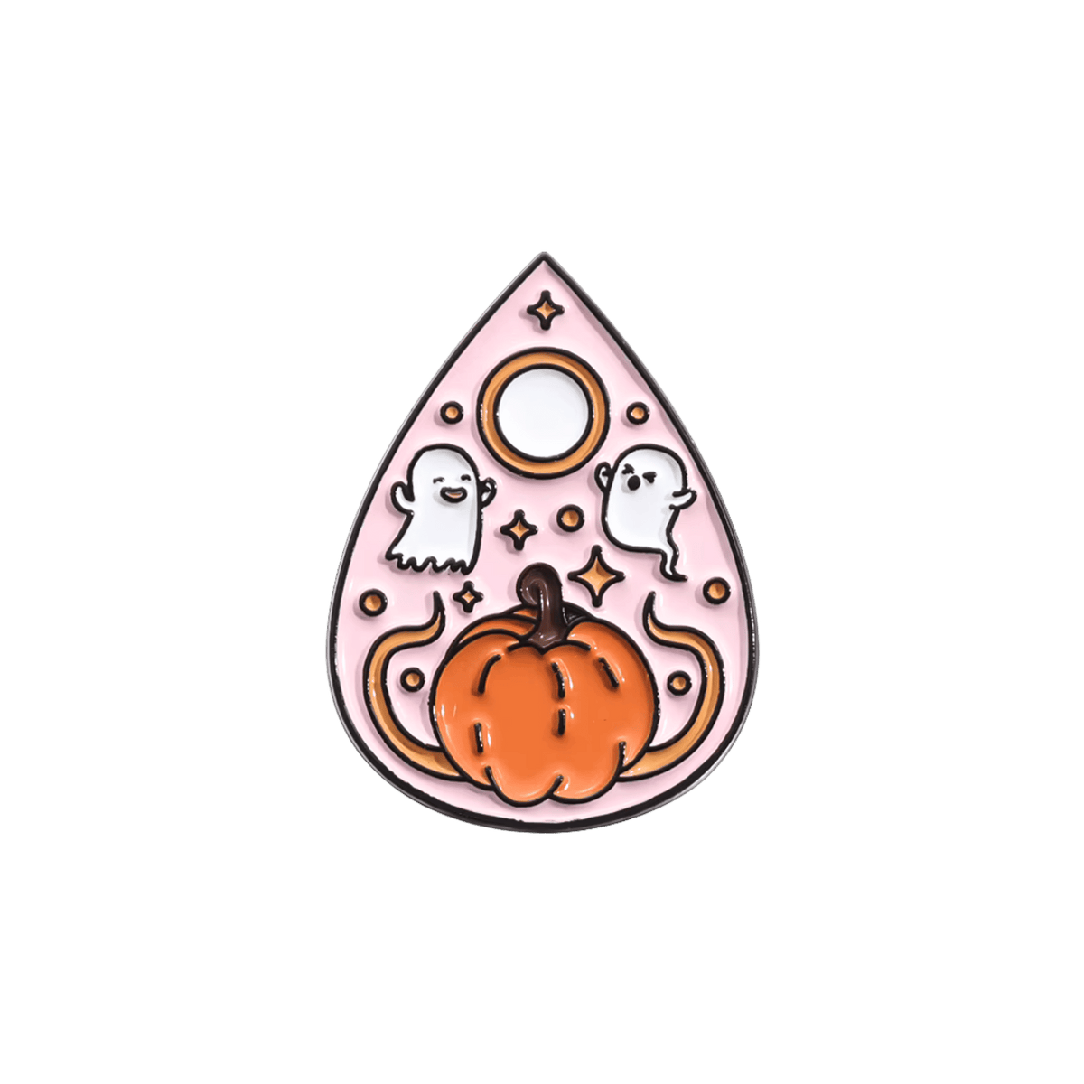 A Halloween-themed planchette enamel pin featuring an orange pumpkin, two white ghosts, and gold stars centered on a solid white backdrop