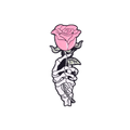 A stylized enamel pin design of a skeleton hand holding a pink rose, shown centered on a solid white background