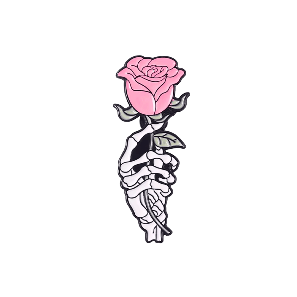 A stylized enamel pin design of a skeleton hand holding a pink rose, shown centered on a solid white background