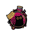 A pin shaped like a dark pink potion bottle featuring a black cat inside on a white background