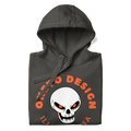 A gray hoodie folded with a graphic on the front featuring a white skull with orange eyes, surrounded by the text 'OKETO DESIGN' and 'ILLINOIS, USA' in orange