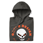 A gray hoodie folded with a graphic on the front featuring a white skull with orange eyes, surrounded by the text 'OKETO DESIGN' and 'ILLINOIS, USA' in orange
