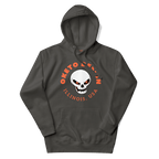 A gray hoodie with a graphic on the front featuring a white skull with orange eyes, surrounded by the text 'OKETO DESIGN' and 'ILLINOIS, USA' in orange