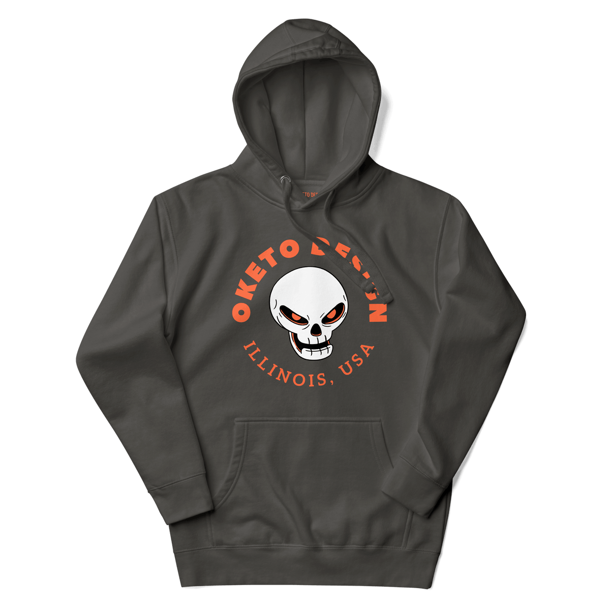 A gray hoodie with a graphic on the front featuring a white skull with orange eyes, surrounded by the text 'OKETO DESIGN' and 'ILLINOIS, USA' in orange
