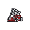 A red race car with a black-and-white checkered flag on a solid white background