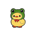 A cute cartoon duckling pin wearing a green frog hood, with a red bow at the neck, on a solid white background