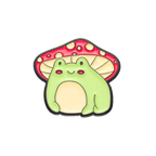 A cute cartoon frog pin sitting under a red mushroom cap, shown on a solid white background