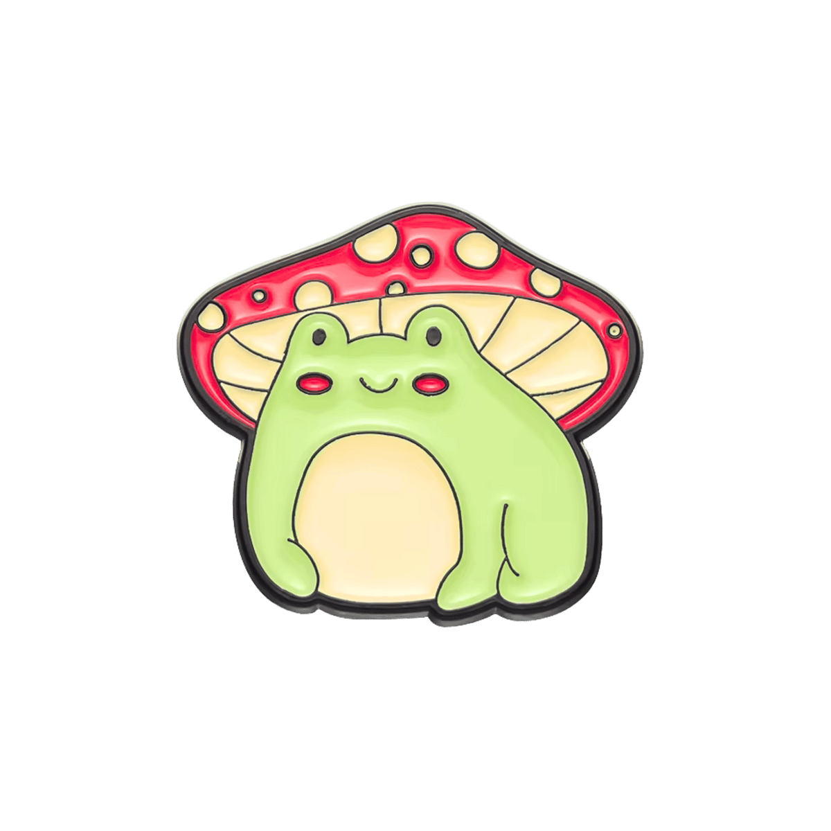 A cute cartoon frog pin sitting under a red mushroom cap, shown on a solid white background