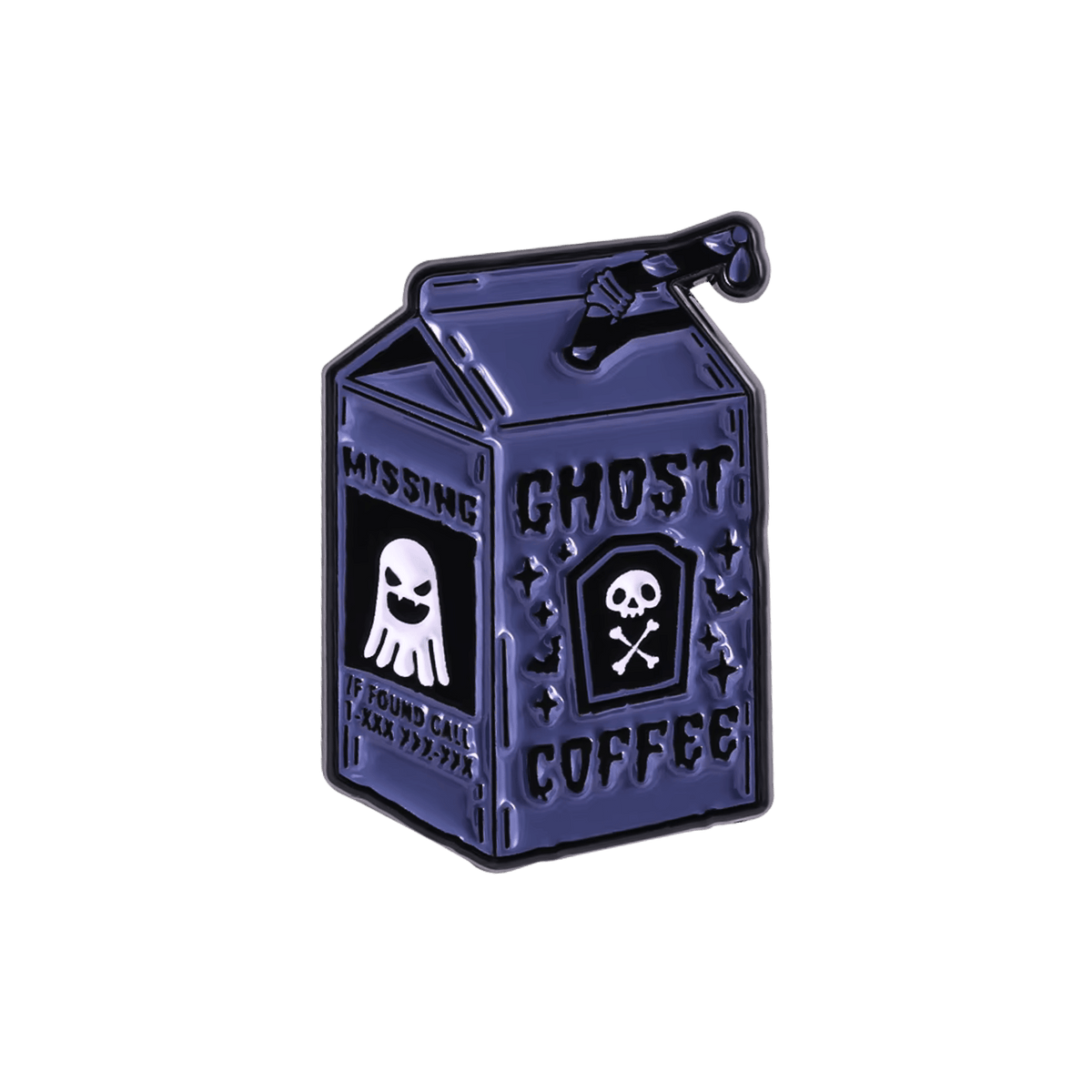 A milk carton-shaped enamel pin with a dark purple and black color scheme, featuring a skull and crossbones on a solid white background