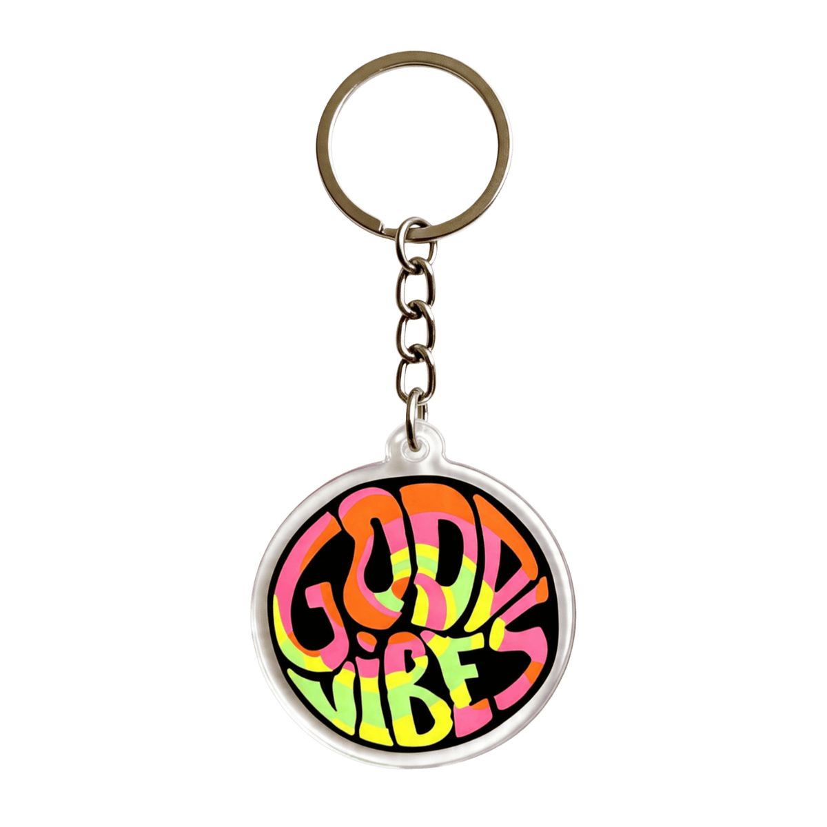 An acrylic keychain featuring a round groovy pattern with the words 'GOOD VIBES' attached to a silver metal key ring on a plain white background