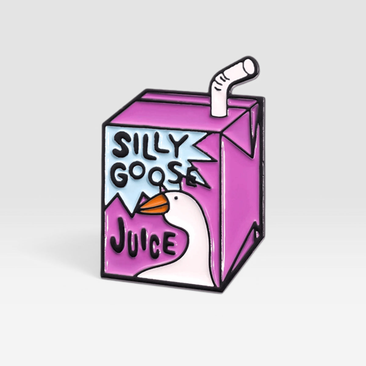 Purple juice carton enamel pin featuring a white straw and the words "Silly Goose Juice"