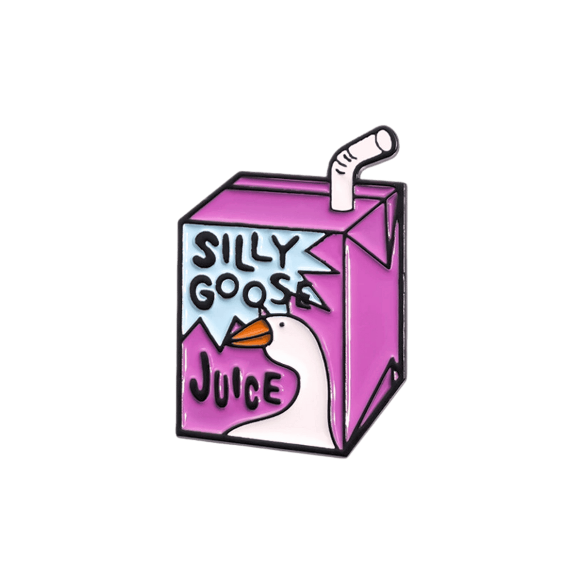 A purple juice carton pin with a white goose head graphic, centered on a solid white background