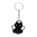 An acrylic keychain with a silver metal key ring and chain, featuring a black cat with angel wings and halo on a white background