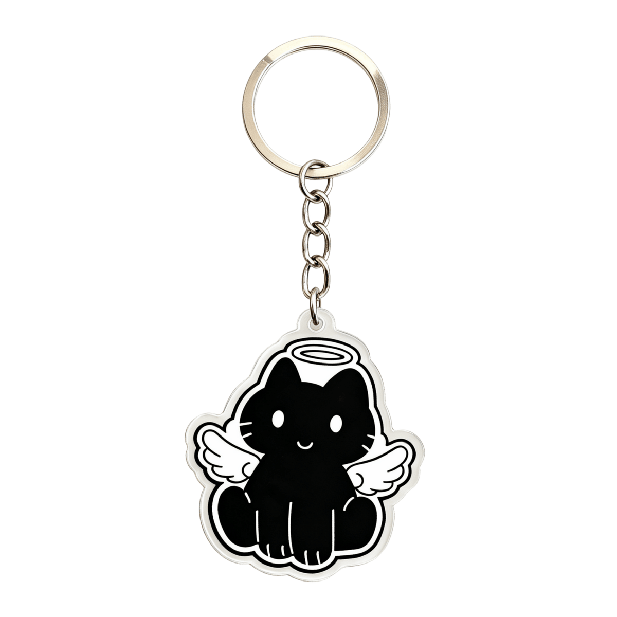 An acrylic keychain with a silver metal key ring and chain, featuring a black cat with angel wings and halo on a white background