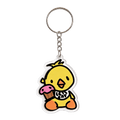 A cartoon acrylic keychain featuring a yellow chick attached to a silver metal key ring and chain on a plain white background