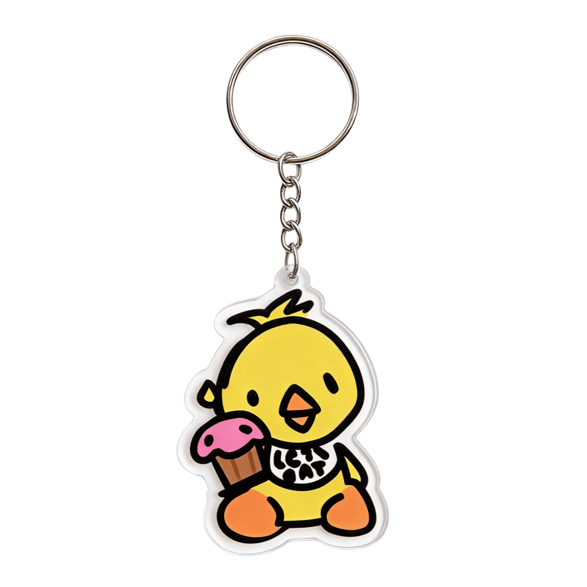 A cartoon acrylic keychain featuring a yellow chick attached to a silver metal key ring and chain on a plain white background