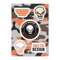 A set of four die-cut stickers featuring skull and text graphics on a camouflage background. The stickers include designs stating 'Creativity Without Limits' and 'Oketo Design, LLC' with white, orange, and black color schemes