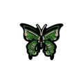 A green and black butterfly enamel pin with white decorative details, centered on a solid white background