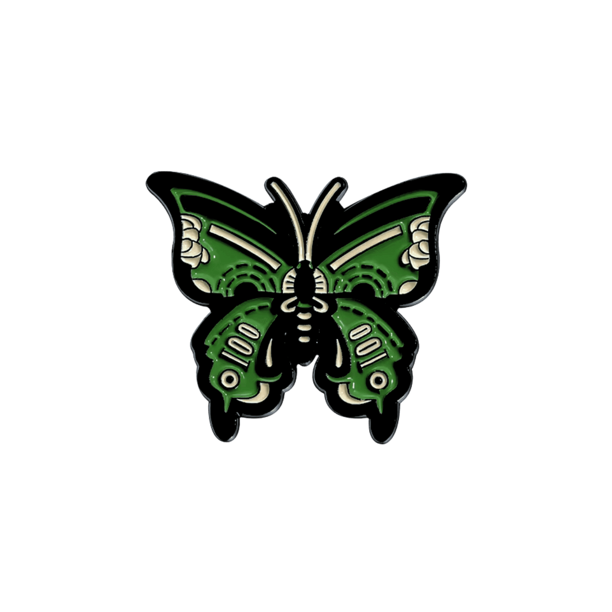 A green and black butterfly enamel pin with white decorative details, centered on a solid white background