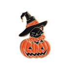 A Halloween-themed enamel pin featuring a black cat wearing a witch hat and sitting on a carved orange pumpkin, shown on a solid white background