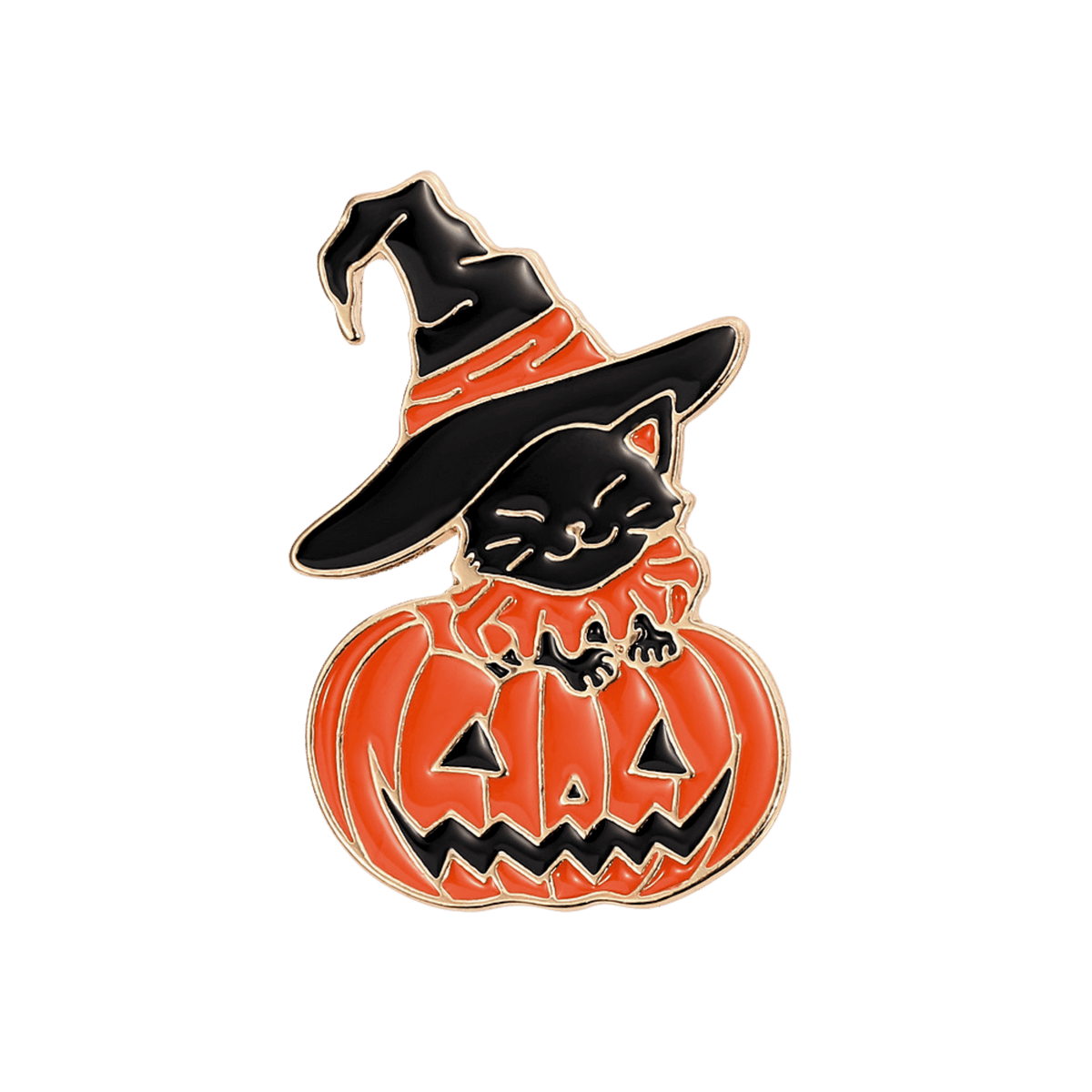A Halloween-themed enamel pin featuring a black cat wearing a witch hat and sitting on a carved orange pumpkin, shown on a solid white background