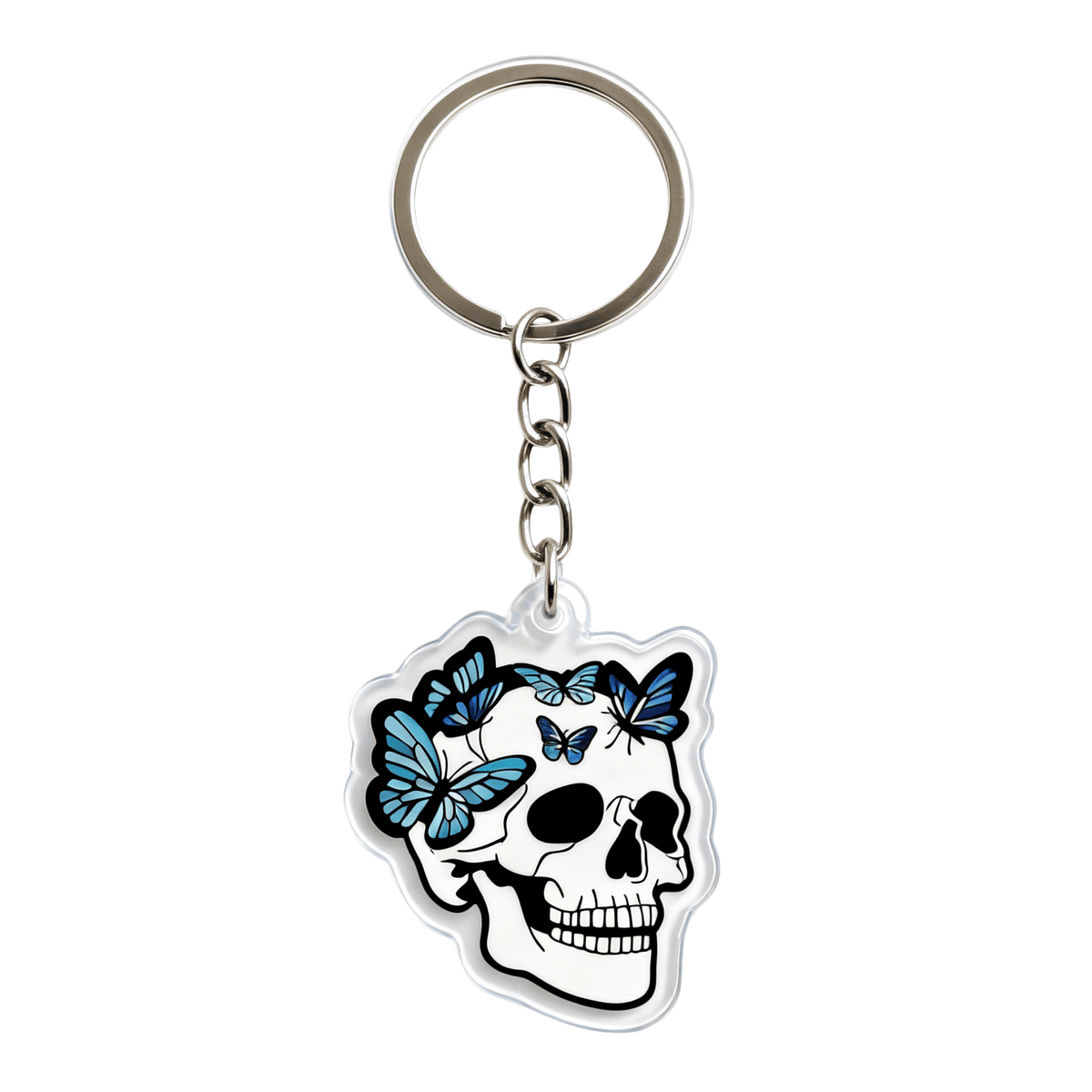 A skull-shaped acrylic keychain with blue butterflies and chain, and split ring clip on a white background